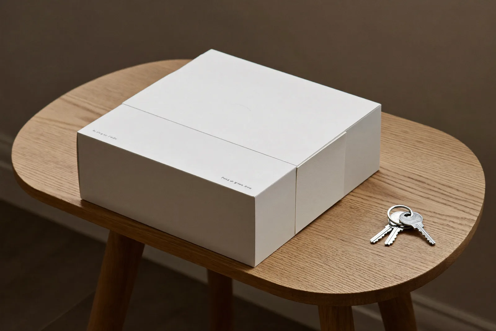 A plain white Apex delivery box on an entry table